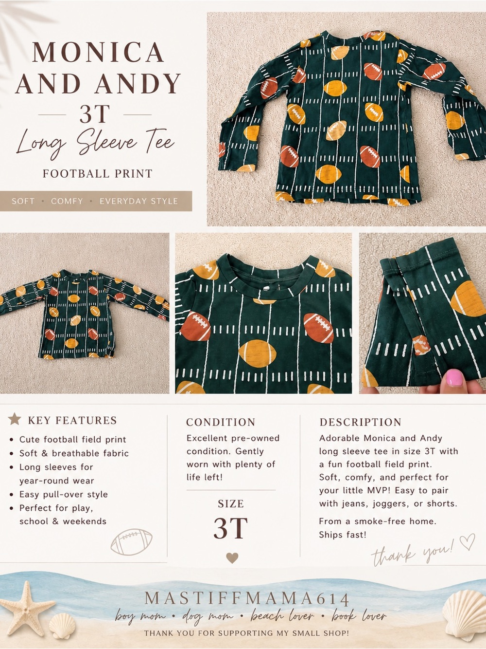 Monica and Andy Green Football Field Long Sleeve Tee - 3T